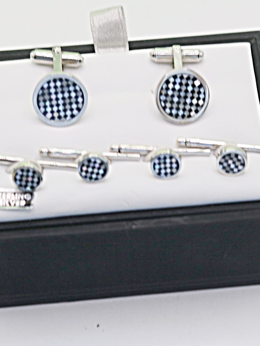 Sterling Black and White Check Gemstone Cufflinks Studs